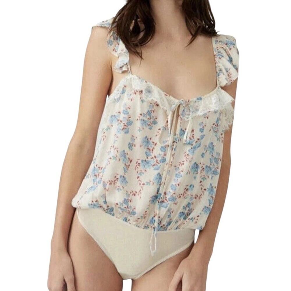 Free People Intimately Free Take It Away Bodysuit Ivory Combo White Blue Floral